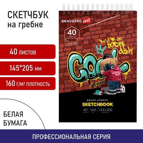 Скетчбук, белая бумага 160 г/м2, 140х201 мм, 40 л., гребень, подложка, BRAUBERG ART, "Граффити", 115069