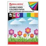 Цветная бумага А4 ТОНИРОВАННАЯ В МАССЕ, 40 листов 8 цветов, склейка, 80 г/м2, BRAUBERG, 210х297 мм, 124714