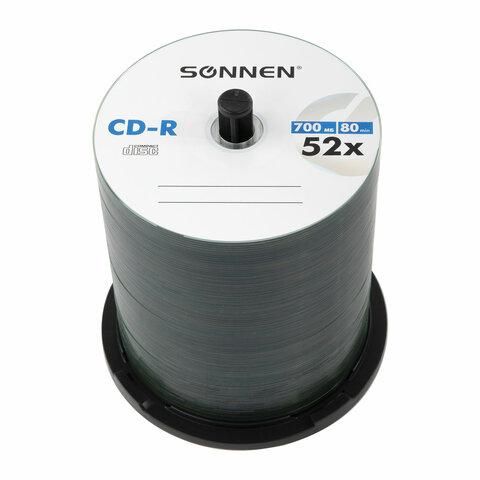 Диски CD-R SONNEN, 700 Mb, 52x, Cake Box (упаковка на шпиле) КОМПЛЕКТ 100 шт., 513533