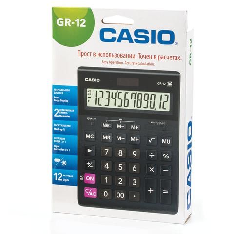 Калькулятор настольный CASIO GR-12-W (209х155 мм), 12 разрядов, двойное питание, черный, европодвес, GR-12-W-EP