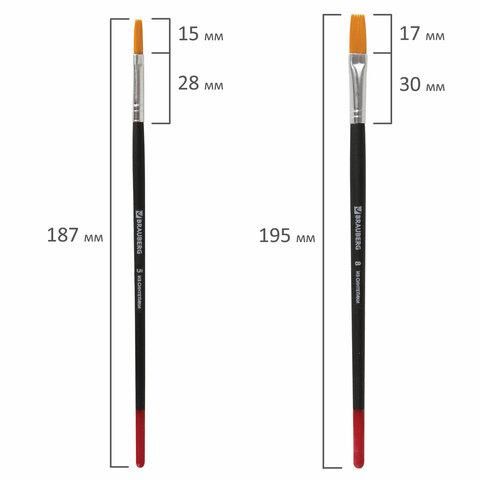 Кисти BRAUBERG, набор 5 шт. (синтетика, круглые № 1, 2, 5, плоские № 5, 8), блистер, 200219