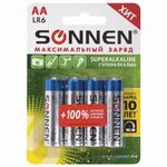 Батарейки КОМПЛЕКТ 4 шт., SONNEN Super Alkaline, АА (LR6,15А), алкалиновые, пальчиковые, блистер, 451094