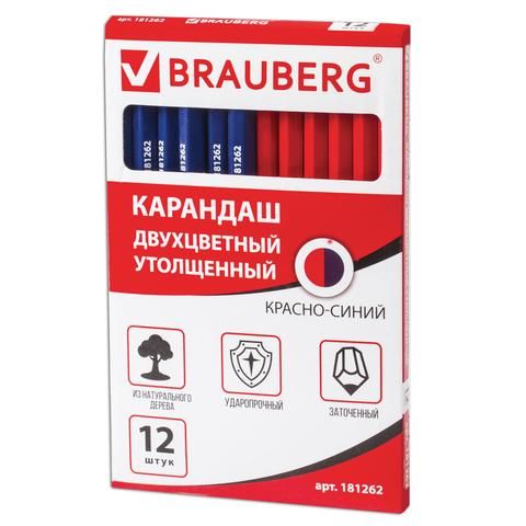 Карандаш двухцветный, красно-синий, утолщённый, BRAUBERG, заточенный, грифель 4,0 мм, 181262