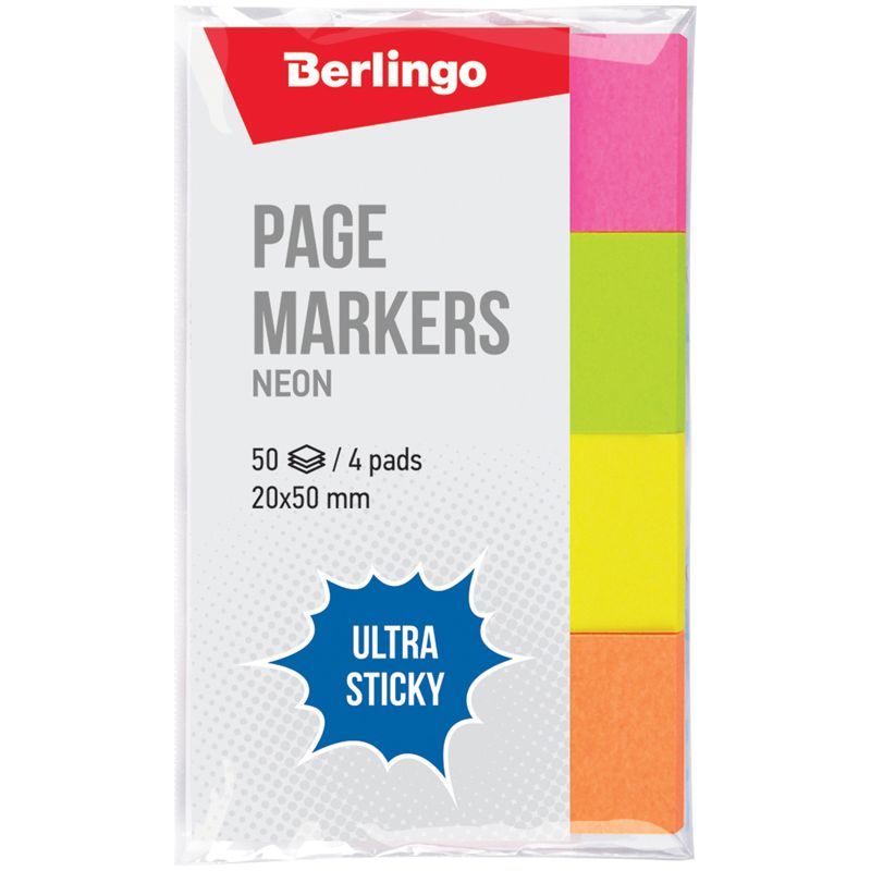 Флажки-закладки Berlingo "Ultra Sticky", 20*50мм, 50л*4 неоновых цвета