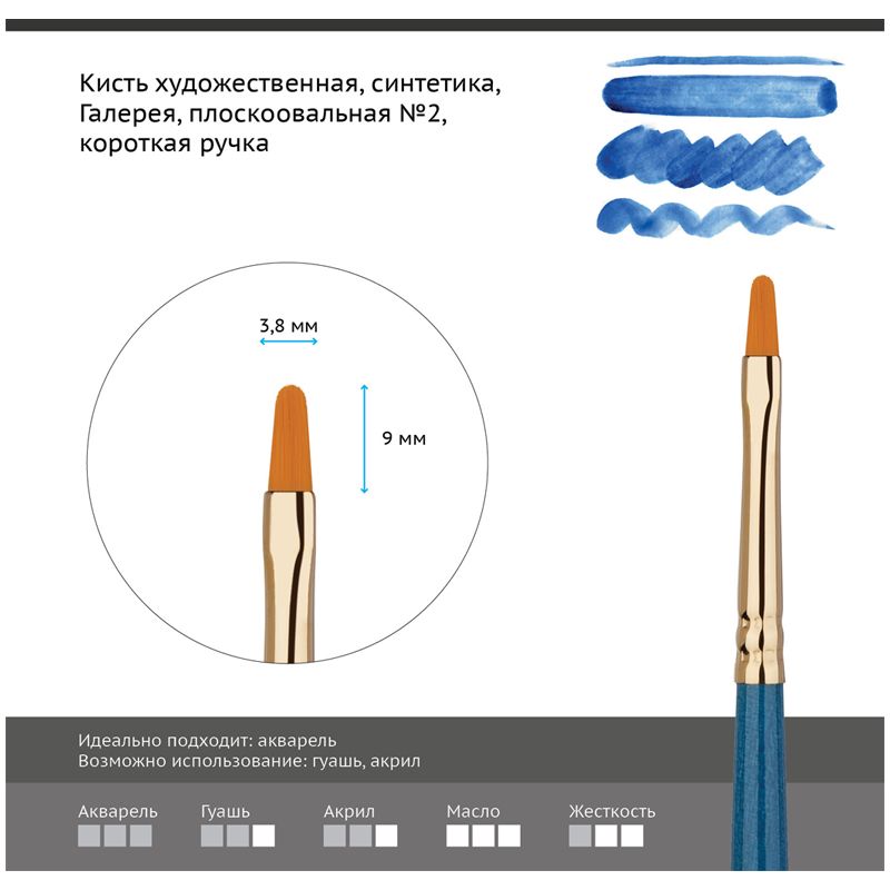 Кисть художественная синтетика Гамма "Галерея", плоскоовальная №2, короткая ручка