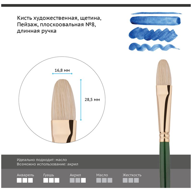 Кисть художественная щетина Гамма "Пейзаж", плоскоовальная №8, длинная ручка