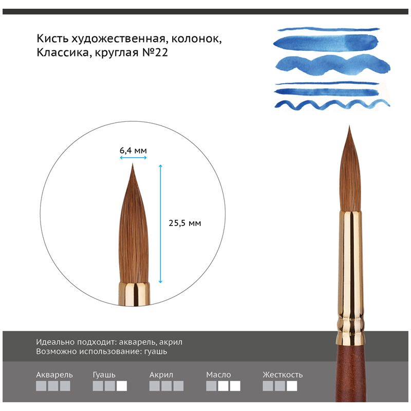 Кисть художественная колонок Гамма "Классика", круглая №22