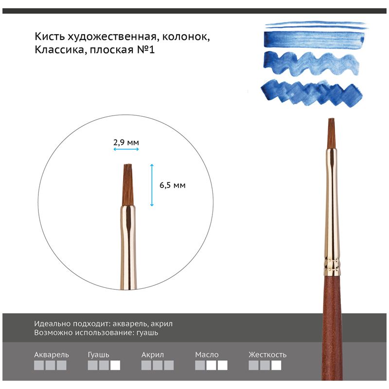 Кисть художественная колонок Гамма "Классика", плоская №1