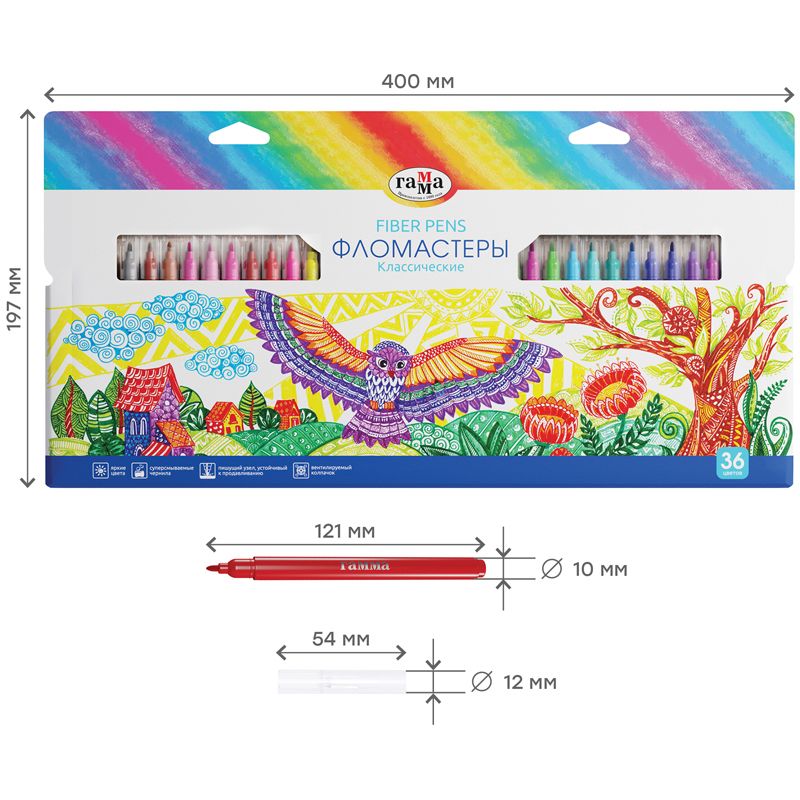 Фломастеры Гамма "Классические", 36цв., смываемые, картон. упаковка, европодвес