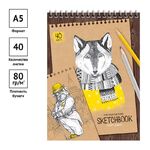 Скетчбук 40л., А5 ArtSpace "Craft style", на гребне, крафт, 80г/м2