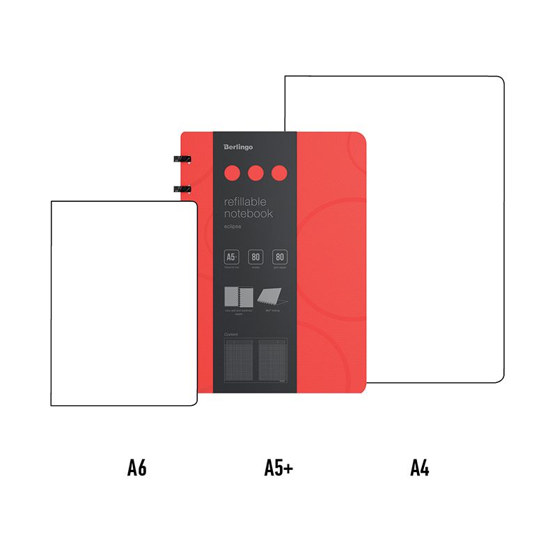 Бизнес-тетрадь А5+, 80л., Berlingo "Eclipse", клетка, на кольцах, с возм. замены блока, 80г/м2, пластик. (полифом) обложка, линейка-закладка, красная