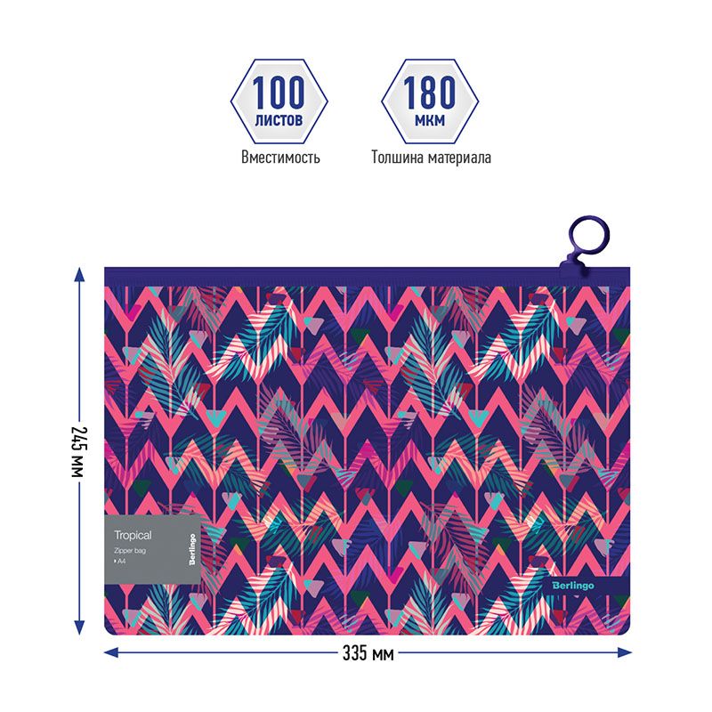 Папка-конверт на молнии Berlingo "Tropical" А4, 180мкм, с рисунком