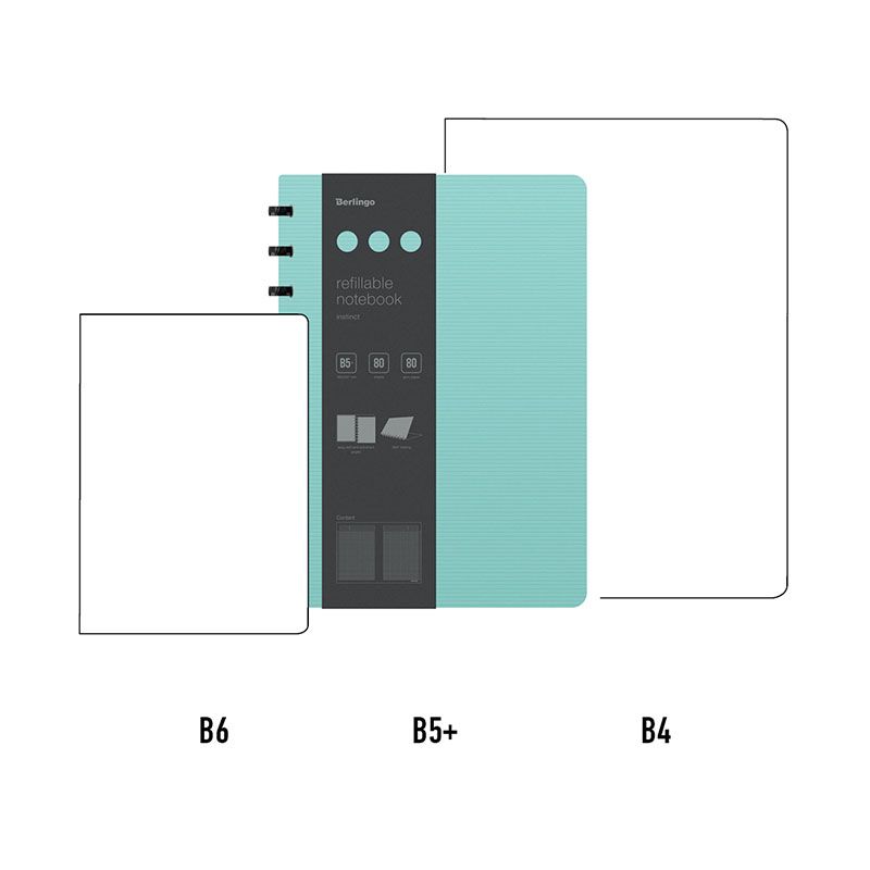 Бизнес-тетрадь В5+, 80л., Berlingo "Instinct", клетка, на кольцах, с возм. зам. блока, 80г/м2, пластик. (полифом) обл., линейка-заклад., мятный/чер.