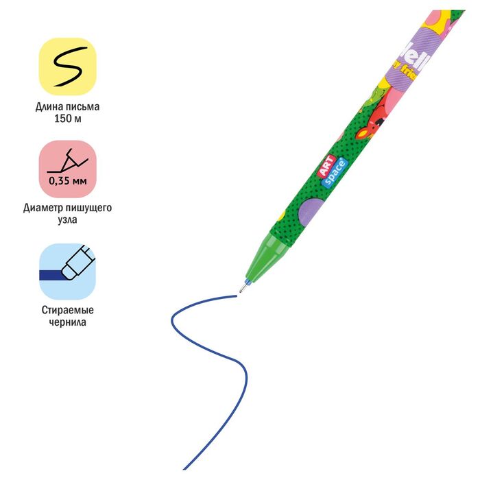 Ручка гелевая стираемая ArtSpace "Монстрики" синяя, 0,35мм, корпус ассорти