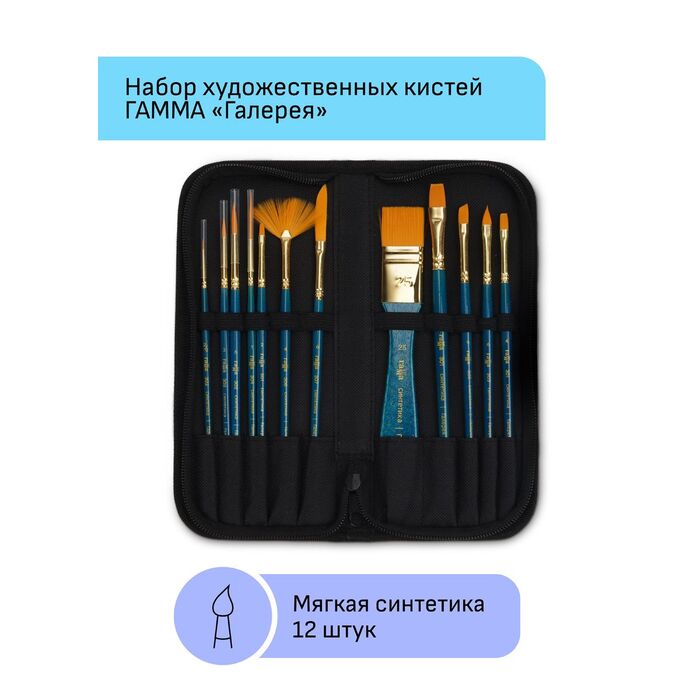 Набор художественных кистей синтетика Гамма "Галерея", 12шт., тканевый пенал, блистер, европодвес