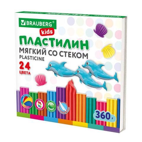 Пластилин мягкий восковой BRAUBERG KIDS, 24 цвета, 360 г, со стеком, 106498