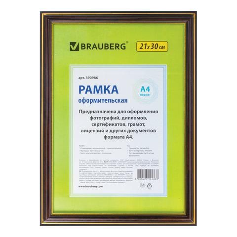 Рамка 21х30 см, пластик, багет 20 мм, BRAUBERG "HIT3", красное дерево с двойной позолотой, стекло, 390986