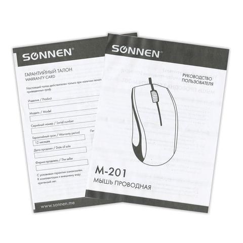 Мышь проводная SONNEN М-201, USB, 1000 dpi, 2 кнопки + колесо-кнопка, оптическая, черная, 512631