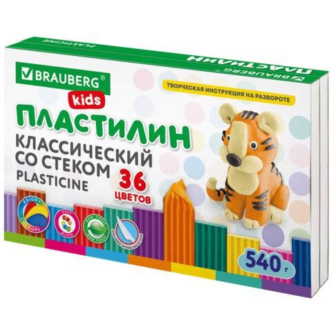 Пластилин классический BRAUBERG KIDS, 36 цветов, 540 грамм, стек, ВЫСШЕЕ КАЧЕСТВО, 106678