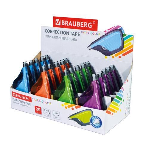 Корректирующая лента BRAUBERG ULTRA COLOR, 5 мм х 8 м, корпус ассорти, дисплей, 229065