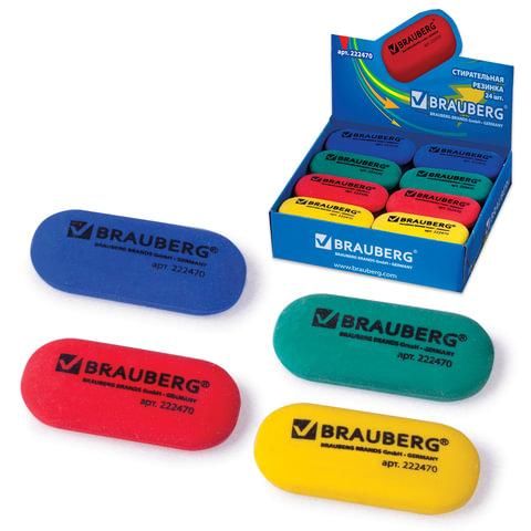 Ластик BRAUBERG, 55х23х10 мм, цвет ассорти, овальный, 222470