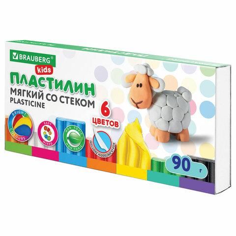 Пластилин мягкий восковой BRAUBERG KIDS, 6 цветов, 90 г, со стеком, 106493