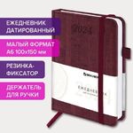 Ежедневник датированный 2024 МАЛЫЙ ФОРМАТ 100х150 мм А6, BRAUBERG "Wood", под кожу, бордовый, 114797
