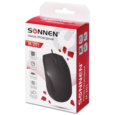 Мышь проводная SONNEN М-201, USB, 1000 dpi, 2 кнопки + колесо-кнопка, оптическая, черная, 512631