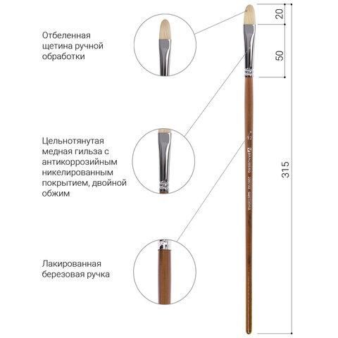 Кисть художественная профессиональная BRAUBERG ART CLASSIC, щетина, овальная, № 12, длинная ручка, 200732