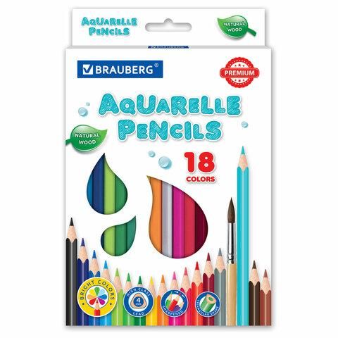 Карандаши цветные акварельные BRAUBERG PREMIUM AQUARELLE, 18 цветов, грифель мягкий 4 мм, 181672