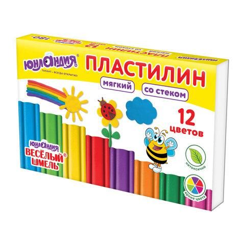 Пластилин мягкий ЮНЛАНДИЯ "ВЕСЕЛЫЙ ШМЕЛЬ", 12 цветов, 180 г, СО СТЕКОМ, 106672