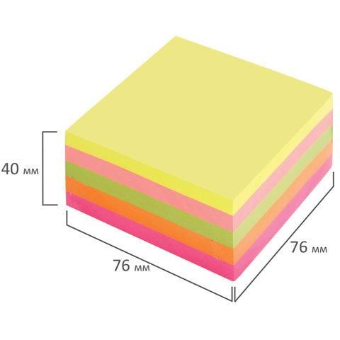 Блок самоклеящийся (стикеры), BRAUBERG, НЕОНОВЫЙ, 76х76 мм, 400 листов, 5 цветов, 122855