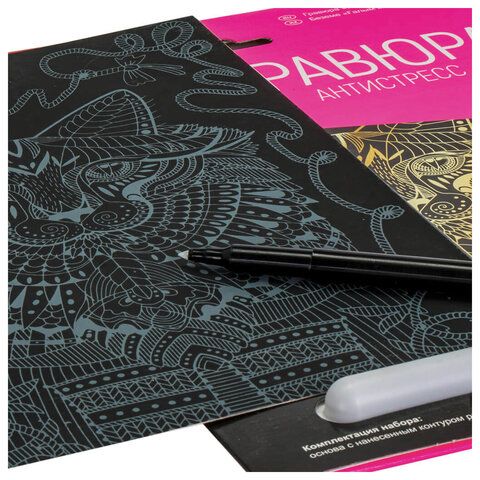 Гравюра-антистресс с эффектом золота "Ученый кот", 18х24 см, основа, штихель, LORI, Гр-545