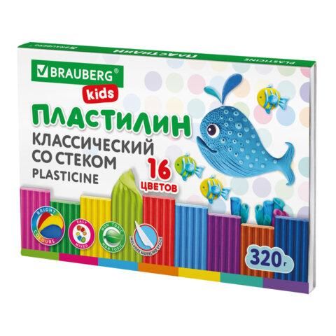 Пластилин классический BRAUBERG KIDS, 16 цветов, 320 г, со стеком, 106508