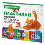 Пластилин мягкий восковой BRAUBERG KIDS, 12 цветов, 180 г, со стеком, 106495