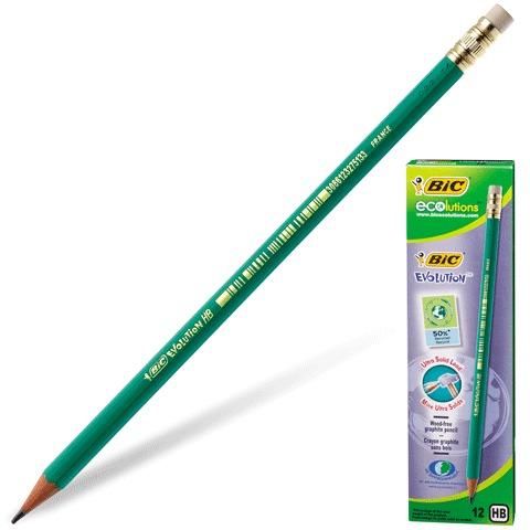 Карандаш чернографитный BIC, 1 шт., "Evolution", HB, с резинкой, пластиковый, корпус зеленый, заточенный, 8803323