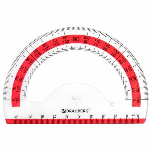 Транспортир 10 см BRAUBERG "FRESH ZONE", 180 градусов, пластик, прозрачный, красная шкала, 210760