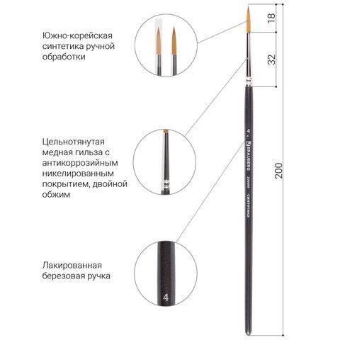 Кисть художественная проф. BRAUBERG ART CLASSIC, синтетика мягкая под колонок, кругл, № 4, кор руч, 200689